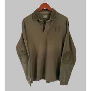 Hackett London Olive Green Rugby Shirt L Cotton Mens Corduroy Collar Elbow Patch